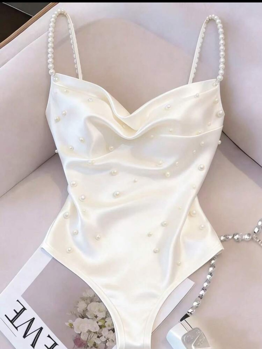 Pearl-Embellished White Satin Bodysuit